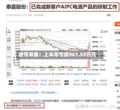 捷强装备：上半年亏损961.59万元