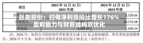巨能股份：归母净利润同比增长176% 盈利能力与财务结构双优化