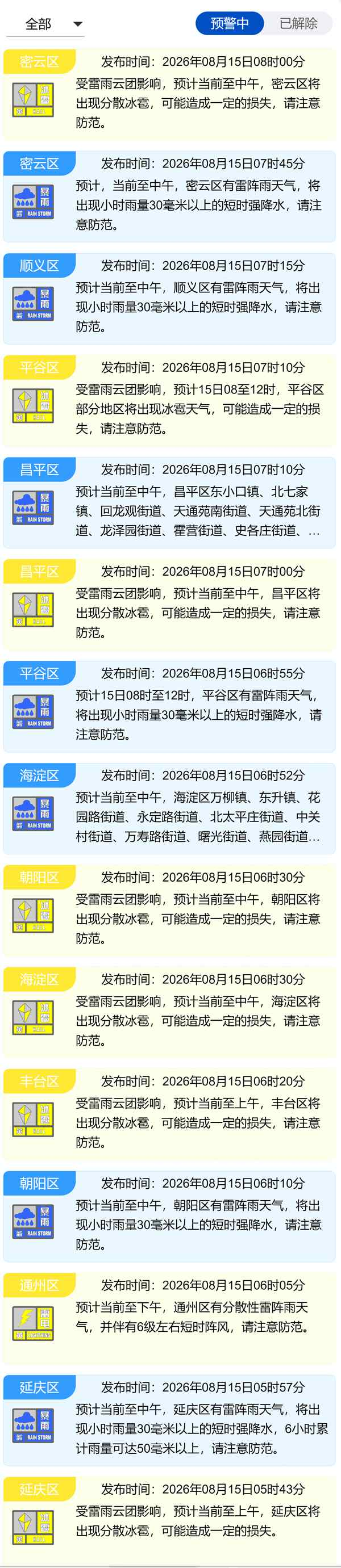 注意防范！“暴雨蓝色+冰雹黄色”预警 北京七区双预警齐发